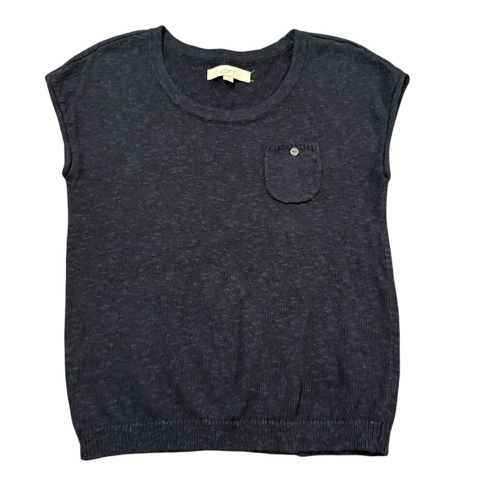 LOFT women’s navy blue sweater, cap sleeve, linen blend, chest pocket, Size S